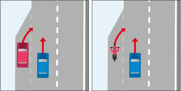 どちらも自動車の場合の合流地点での交通事故と、合流車がバイクの場合の合流地点での交通事故のイメージイラスト