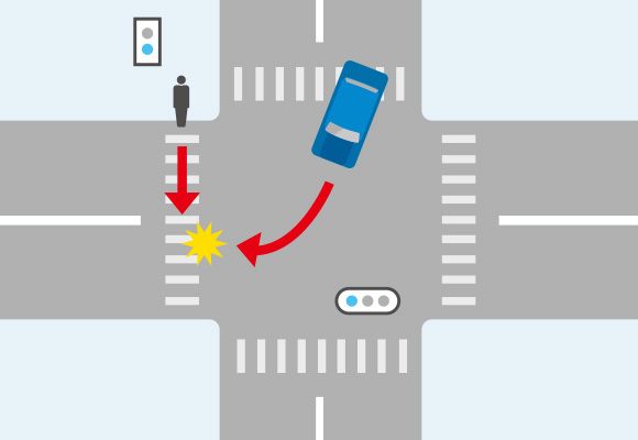 青信号の横断歩道上の歩行者と右左折車との事故のイメージイラスト