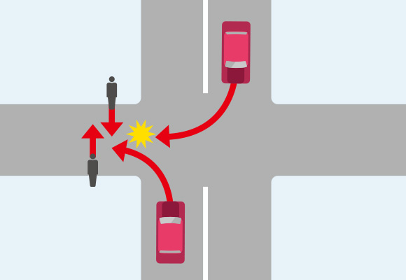 横断歩道のない交差点で、歩行者が狭い道路を横断する際に自動車と衝突する事故のイメージイラスト