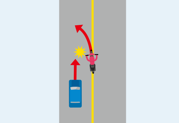 追越禁止の道路で、先行の自動車を追い越そうとしたバイクが衝突した場合での事故のイメージイラスト