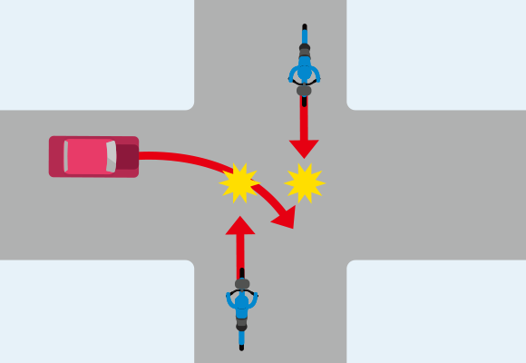 信号機のない交差点で、右折する自動車と、自転車が衝突した場合での事故のイメージイラスト