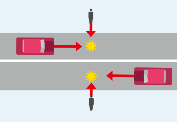 交差点以外の道路を横断する歩行者と、自動車が衝突した場合での事故のイメージイラスト