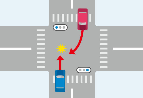 交差点で対向車の一方が右折し、他方が直進して衝突する事故のイメージイラスト