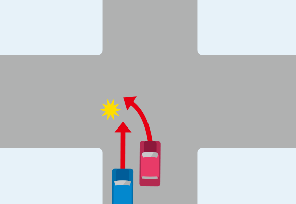 あらかじめ左側に寄らない左折車と、後続直進車が衝突した場合での事故のイメージイラスト