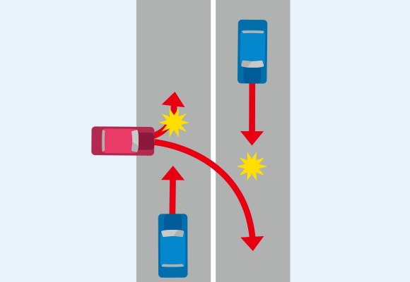 路外から左折・右折で進入する自動車と、直進車が衝突した場合での事故のイメージイラスト