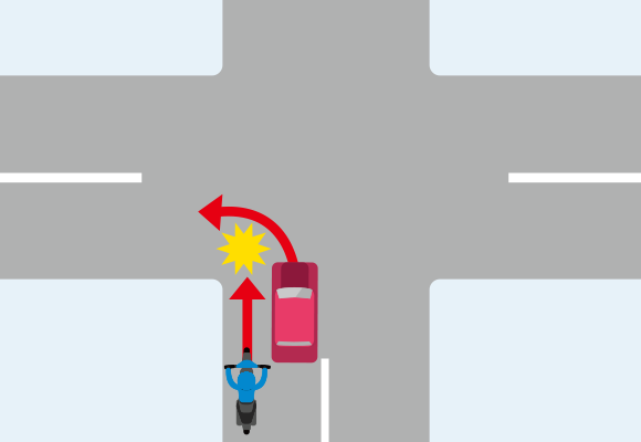 交差点を先行する自動車が左折する際、後続の直進バイクと衝突した場合での事故のイメージイラスト