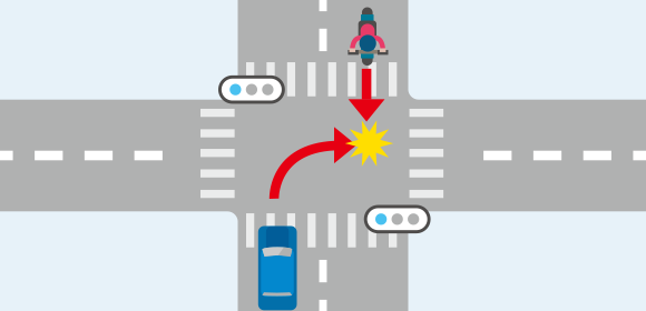 信号機がある交差点での直進バイクと右折自動車の事故のイメージイラスト