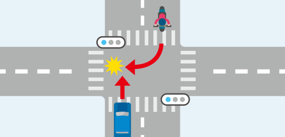 信号機がある交差点での右折バイクと直進自動車の右直事故のイメージイラスト