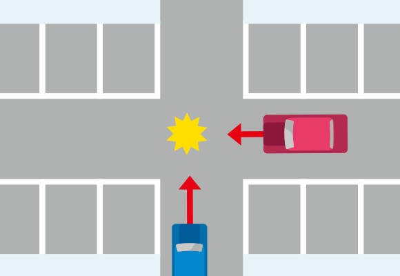 駐車場内の十字路にて衝突した場合での事故のイメージイラスト