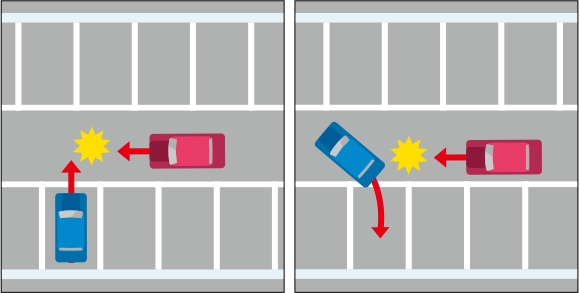 駐車スペースから出る自動車と通路を走行中の自動車との衝突事故と、駐車スペースに止めようとする自動車と通路を走行中の自動車との衝突事故のイメージイラスト