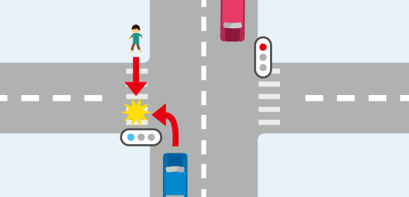 横断歩道上での歩行者と右左折車の事故のイメージイラスト