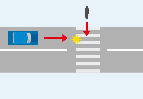 信号機のない横断歩道上の歩行者と自動車との事故のイメージイラスト