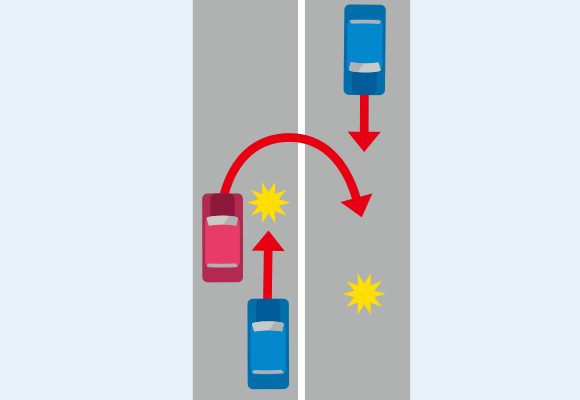 道路で転回(Uターン)する自動車と直進車が衝突した場合での事故のイメージイラスト